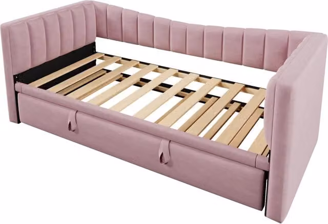 Daybett divano letto 90x200 cm con letto estraibile 180x200 cm in velluto rosa, stile minimalista, senza materasso
