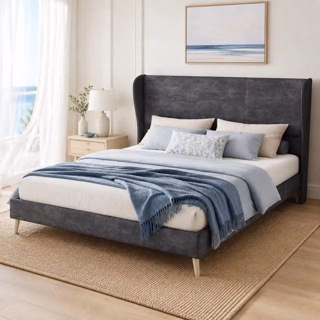 Letto matrimoniale 160x200 cm con testiera imbottita in tessuto grigio e struttura in metallo