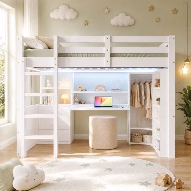 Letto a soppalco ULEVR 140x200 cm con LED, armadio, scrivania, 3 cassetti e vani aperti, bianco
