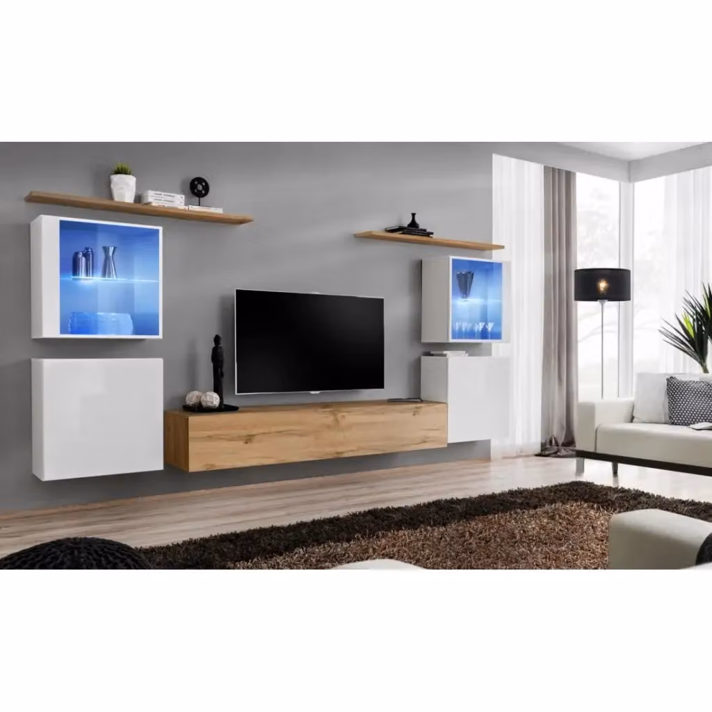 Composizione murale SWITCH XIV Meublorama mobile TV sospeso in quercia Wotan e bianco lucido con illuminazione LED integrata L: 320 cm, H: 160 cm, P: 40 cm – 2