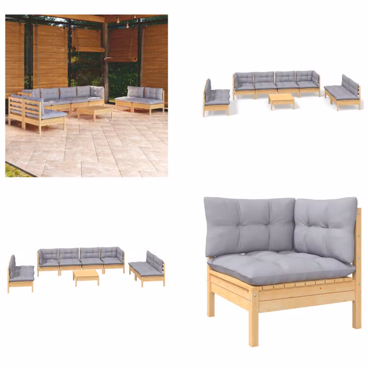 vidaXL Set salotto da giardino 9 pezzi con cuscini grigi in pino massiccio - Set salotto da giardino - Set salotto da giardino - Set mobili da giardino - Set mobili da giardino