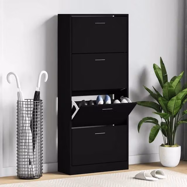 Scarpiera moderna vidaXL nera con scomparti basculanti e ripiani interni, L: 63 cm, P: 24 cm, H: 147 cm