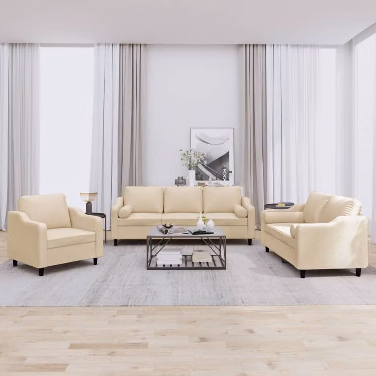 Set di Divani 3 Pezzi vidaXL in Tessuto Beige con Cuscini per Soggiorno Moderno