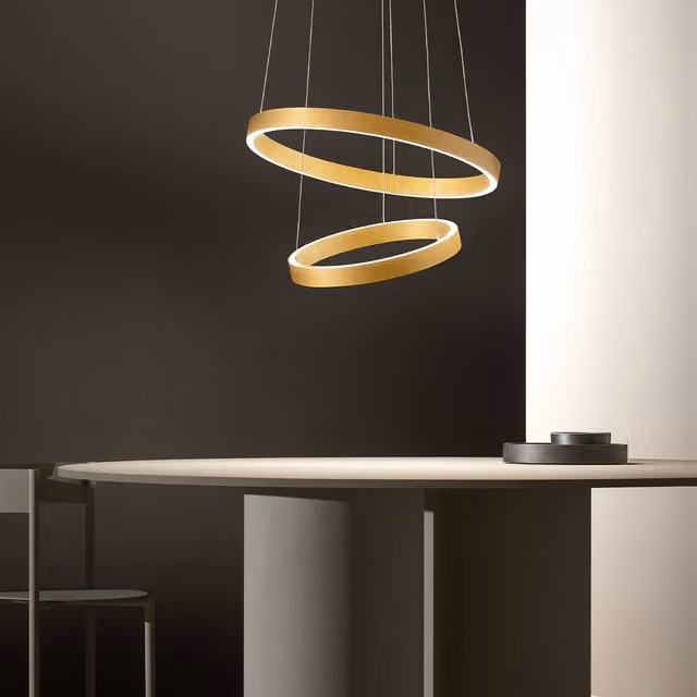 Lampada a sospensione Gealuce Criseide S/2P in alluminio e silicone, LED 60W 3000lm 3000K dimmerabile con luce biemissione up/down, colore oro spazzolato