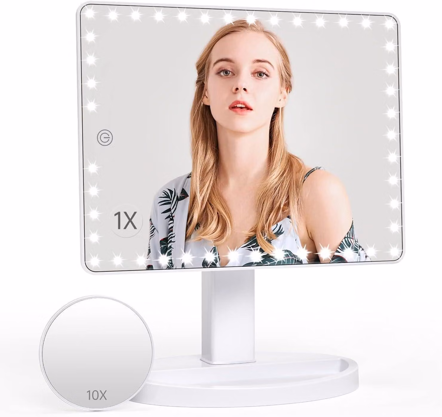 Specchio da trucco con 45 LED, ingrandimento 10x, rotazione a 360°, ricaricabile