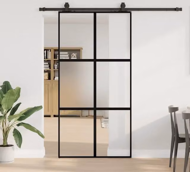 Porta Scorrevole Moderna VIDAXL in Vetro Temperato Trasparente con Telaio in Alluminio Nero L: 102,5 cm, H: 205 cm – 1