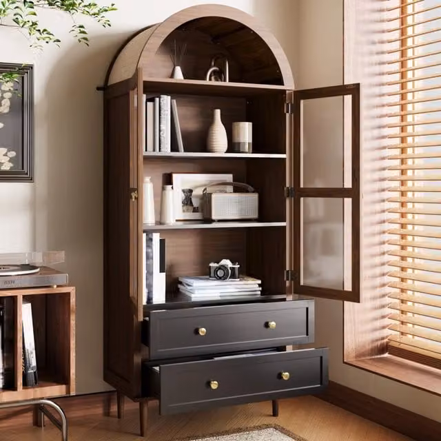 Sideboard REDOM in MDF e vetro color noce con dettagli oro, L: 70 cm, P: 38 cm, H: 165 cm