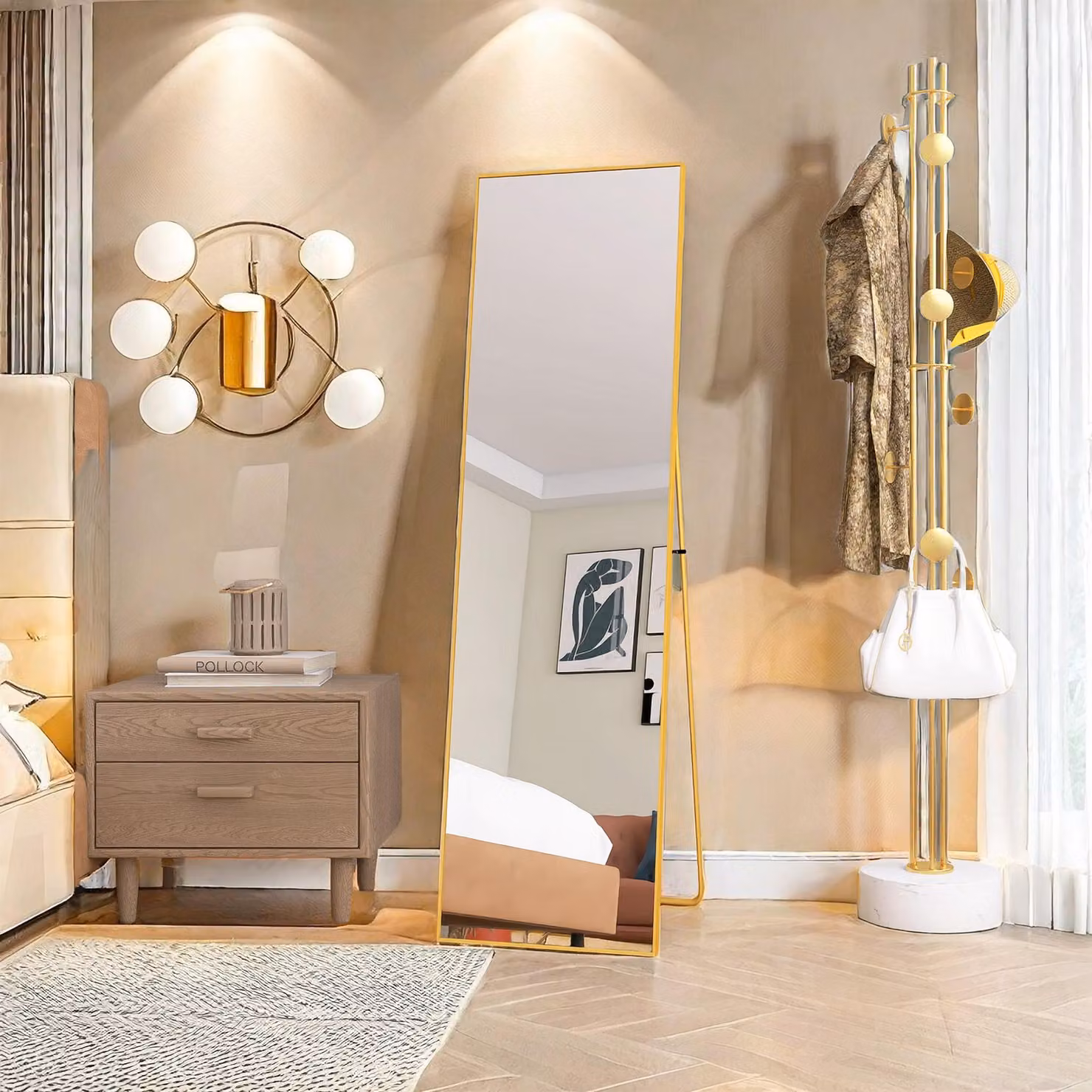 Specchio rettangolare per il trucco in vetro temperato, cornice in alluminio dorato, 1400x400 mm, elegante design moderno per camera da letto o bagno