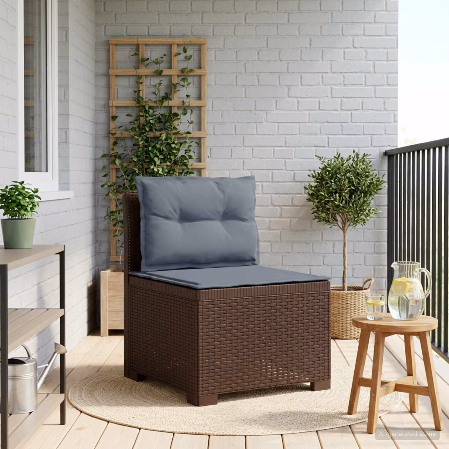 Divano da giardino singolo vidaXL con cuscini in aspetto rattan marrone e grigio
