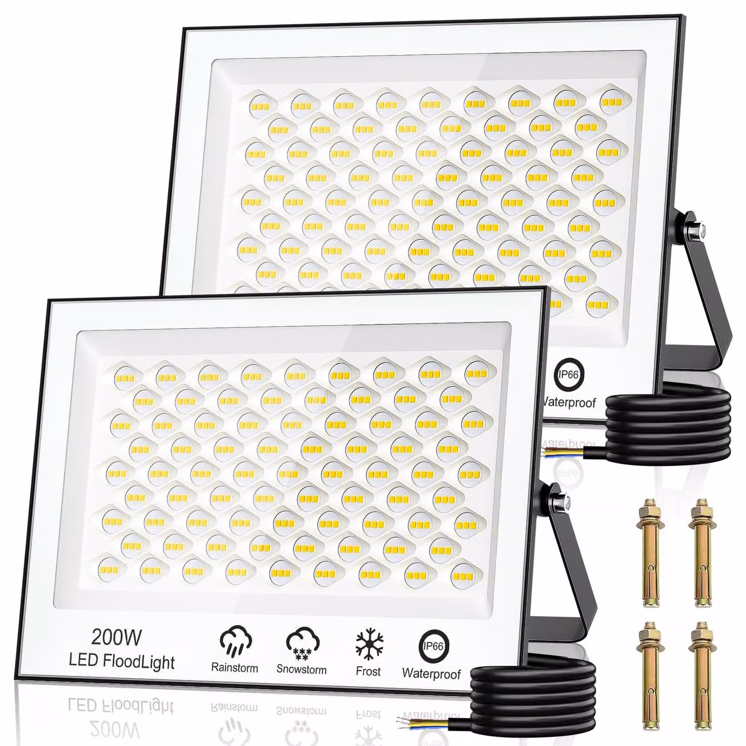 Set di 2 faretti LED da esterno, 200 W, 15000 lumen, 6500 K, grado di protezione IP66, alluminio