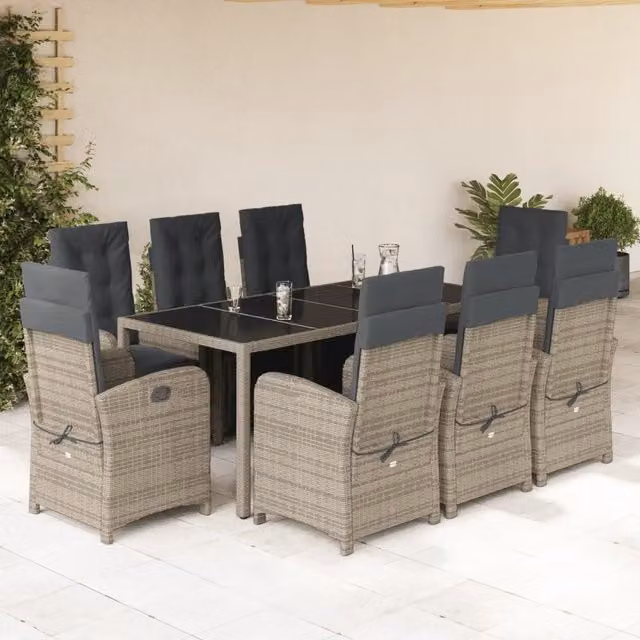Set da Pranzo da Giardino vidaXL in Polyrattan Grigio e Nero con Tavolo in Vetro e 9 Pezzi