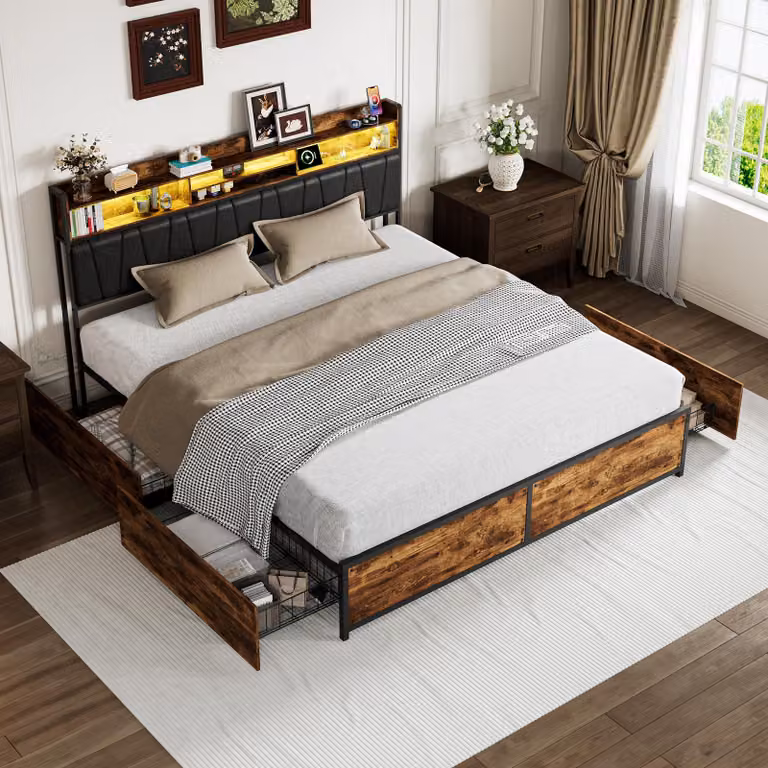Letto matrimoniale ProximaX con struttura in metallo, dimensioni 180x200 cm, dotato di testiera con illuminazione LED, stazione di ricarica USB e ampio contenitore – letto moderno con ampio spazio di stoccaggio per la camera da letto