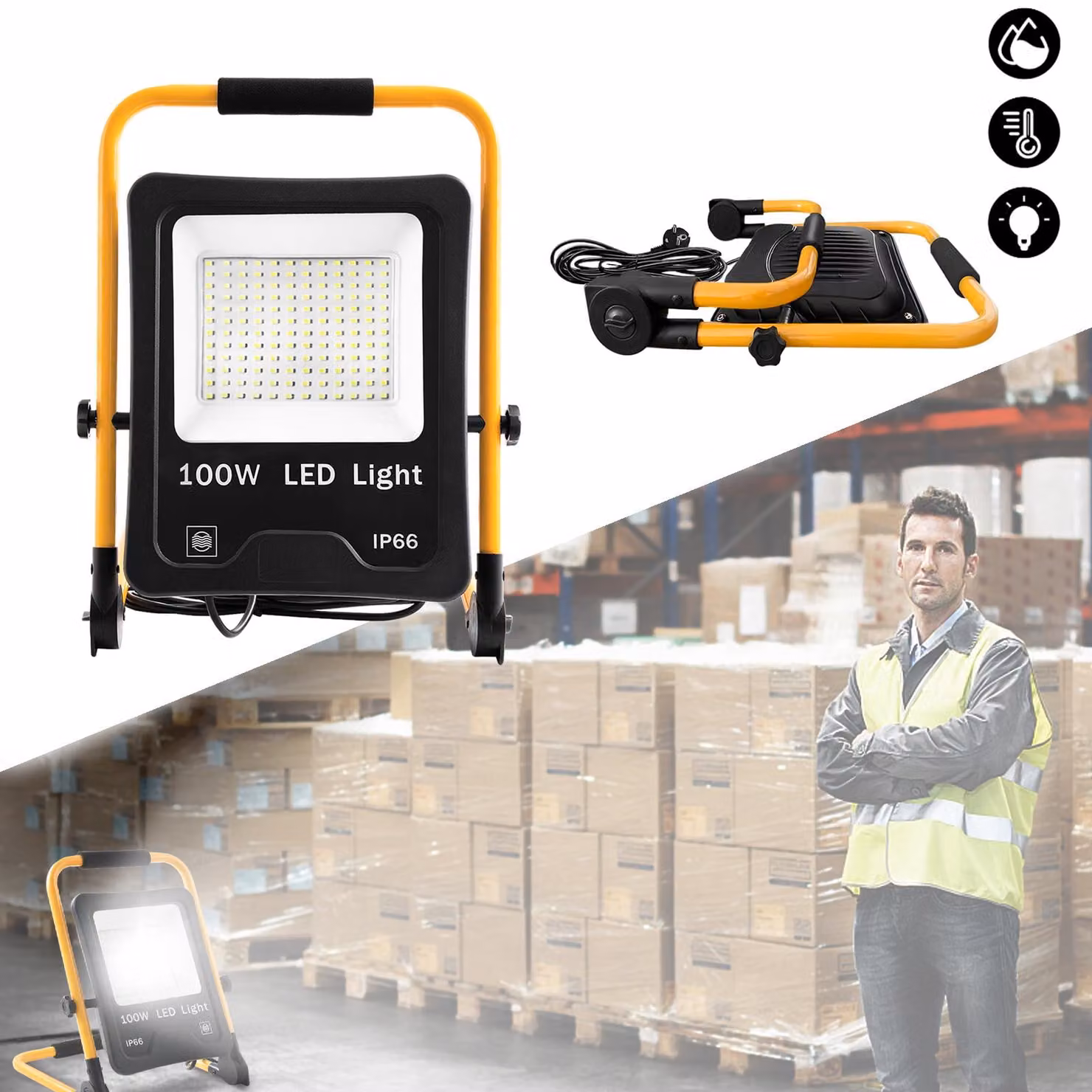 VA-Cerulean, faretto da cantiere a LED, 100W, 6500K (bianco freddo), grado di protezione IP66, cavo da 3 metri, base di supporto e maniglia per il trasporto, adatto per interni ed esterni
