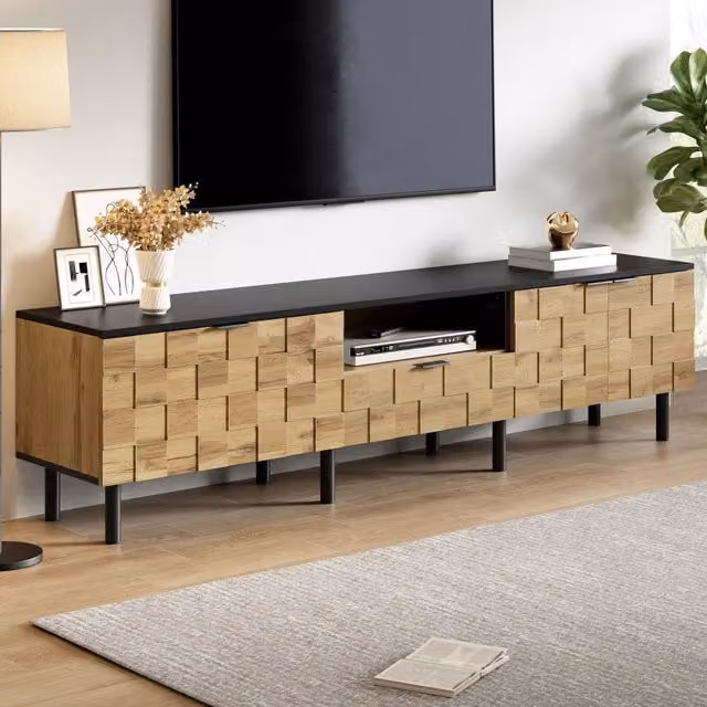 Mobile TV con 2 ante, cassetto, vano aperto e passacavi, effetto legno naturale, per soggiorno, 170 × 35 × 44.5 cm