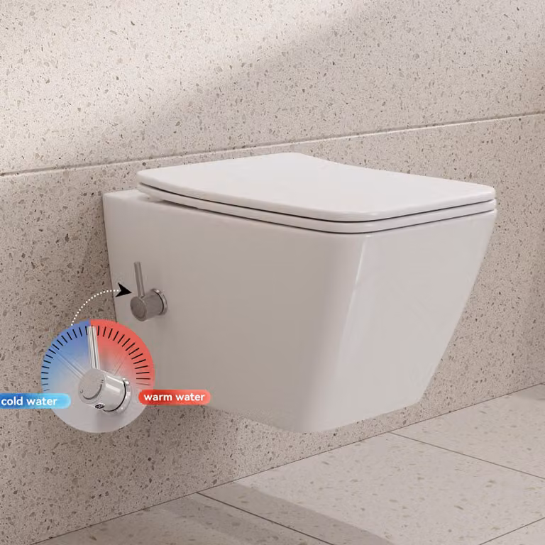 WC con doccia HOROW con ugello integrato, WC sospeso senza brida con funzione bidet, WC Taharet con sedile con chiusura automatica, acqua calda e fredda