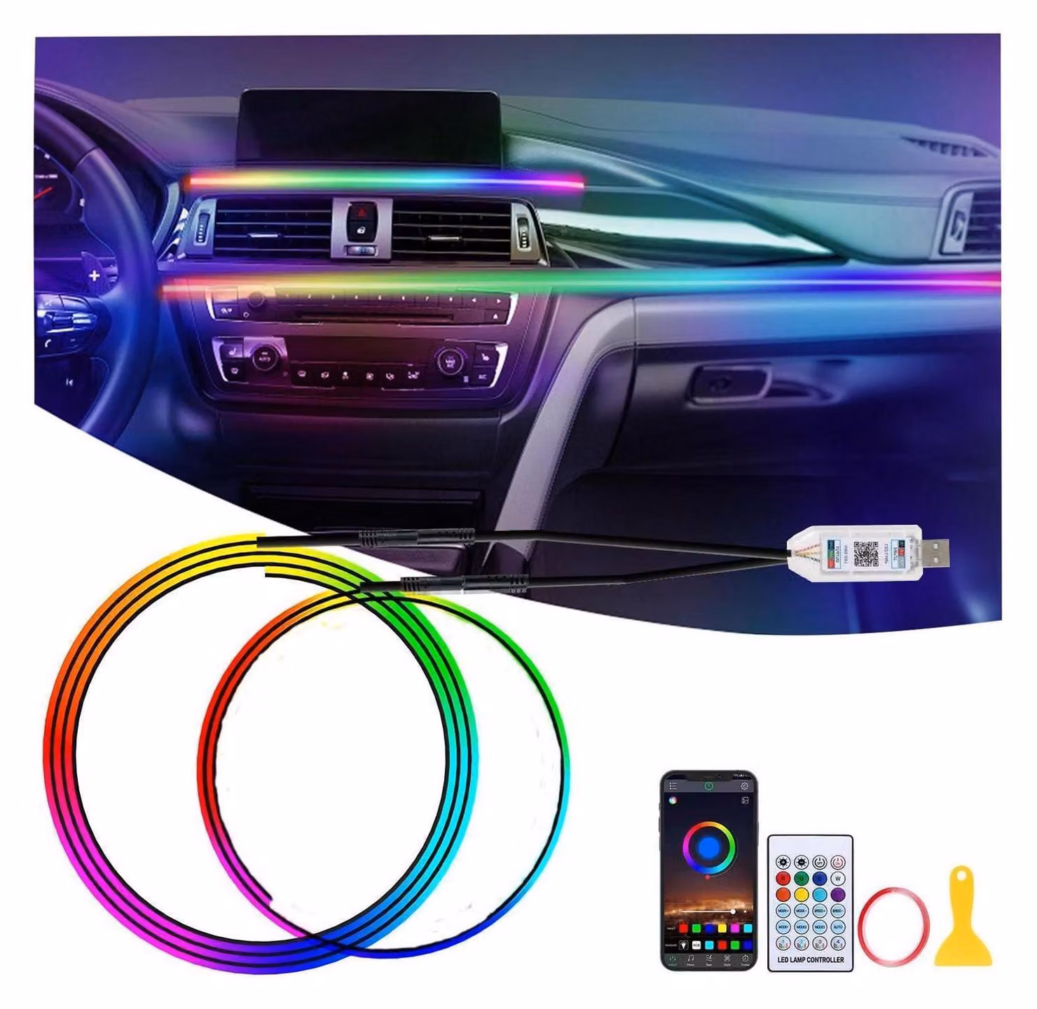 Illuminazione ambientale LED per auto, illuminazione interna 2-in-1, lunghezza 110 cm + 35 cm, 168 LED RGB, controllo tramite app, alimentazione USB