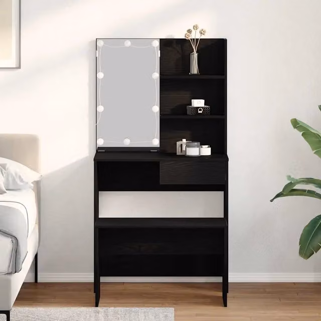Set Tavolo da Trucco LED 2 pz Rovere Nero 74,5 x 40 x 141 cm 3333070