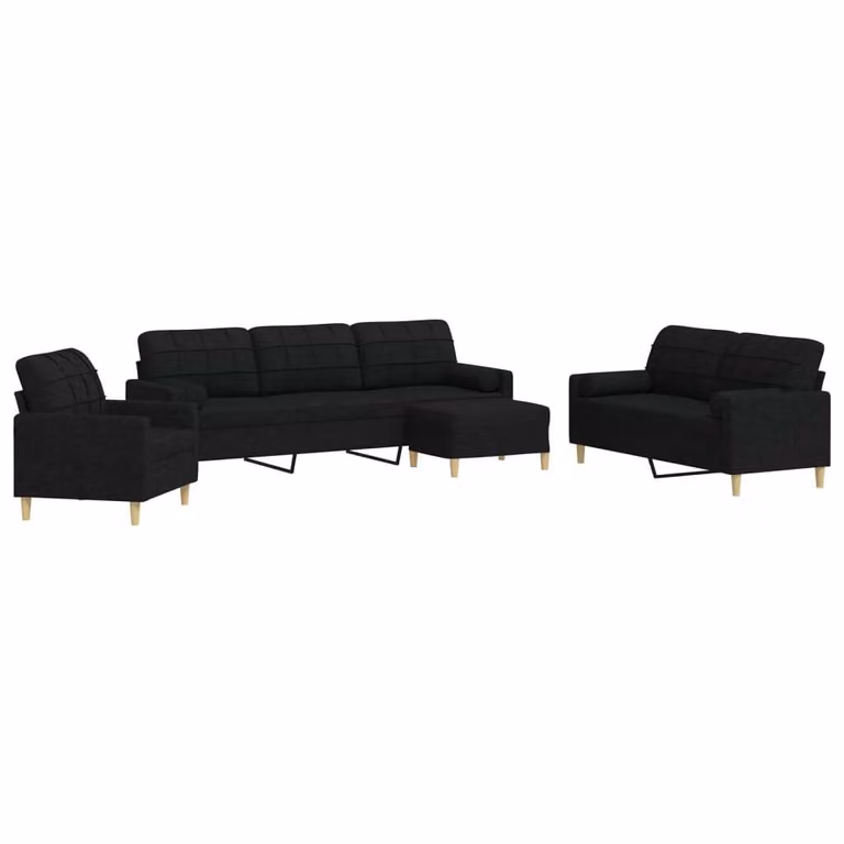 Set Divani 4 pz con Poggiapiedi e Cuscini Nero in Tessuto