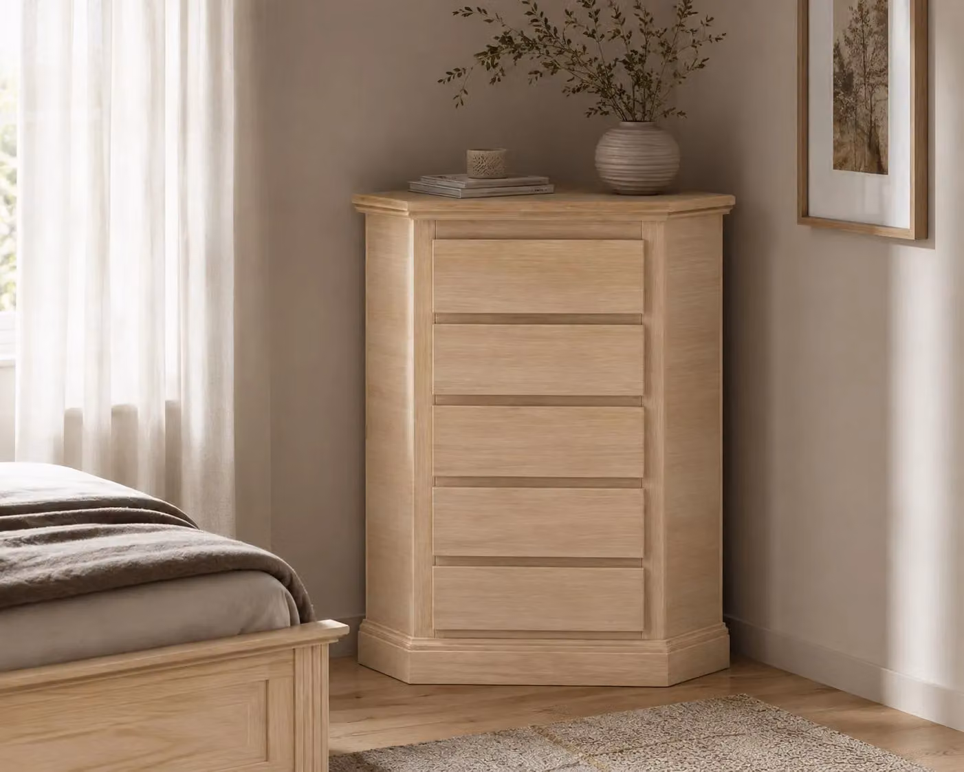 Cassettiera ad angolo classica con 5 cassetti in legno grezzo Mobili 2G L/P/H: 54 x 54 x 100 cm – 1