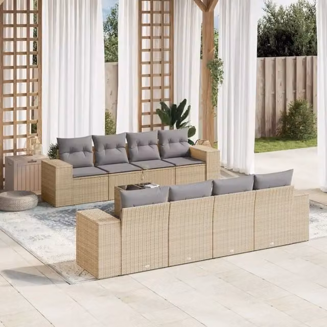 Set Divano da Giardino 9 pz con Cuscini Beige in Polyrattan 3222348