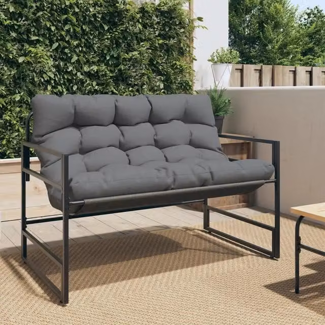 Panchina da giardino moderna vidaXL con braccioli e cuscini in tessuto, colore antracite e nero, L: 113 cm, P: 67 cm, H: 76 cm