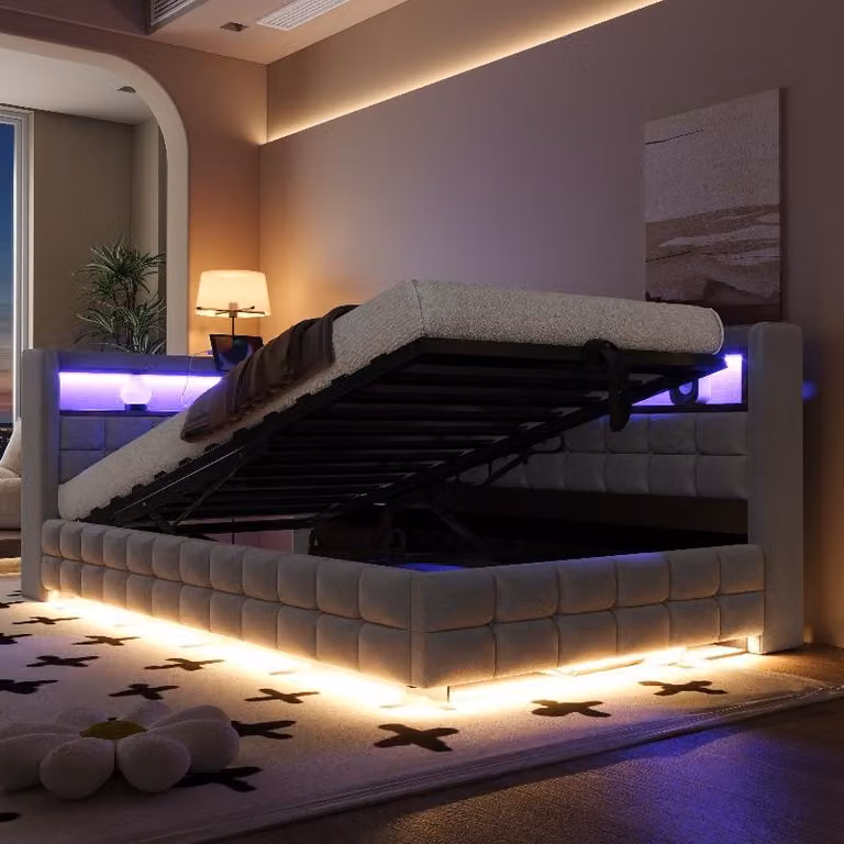 Divano letto 90x200 in grigio chiaro, con vano contenitore a sistema idraulico, scaffali in legno, striscia LED, presa di corrente, porta USB e porta di tipo C