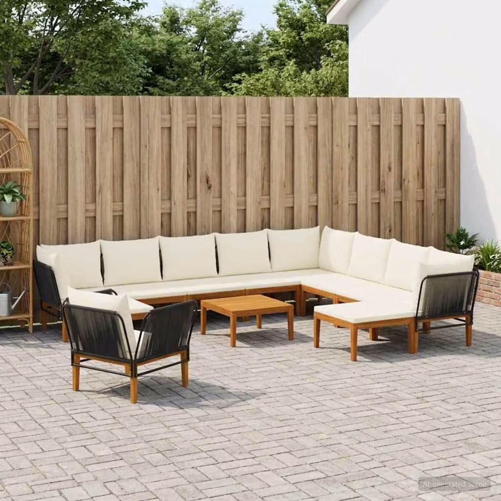 Set da giardino componibile vidaXL in legno di acacia e corda con cuscini, forma a L, 12 pezzi