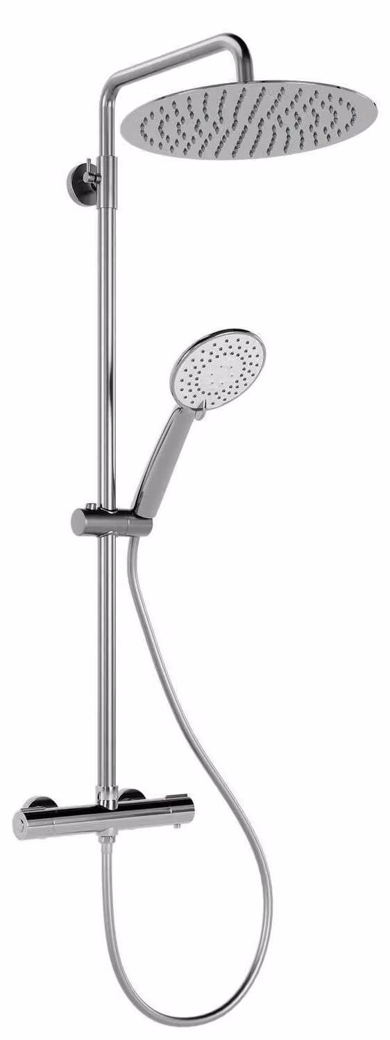 Sistema doccia termostatico rotondo in cromo, con doccia a pioggia e soffione manuale, altezza regolabile da 89 a 123 cm, 3 getti, pulsante di sicurezza a 38°C