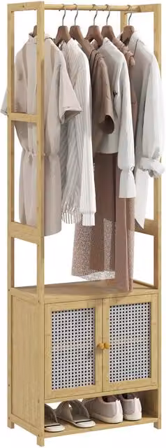 Scarpiera in bambù Zephmum con appendiabiti e ripiani, colore beige e marrone, L: 53 cm, P: 31 cm, H: 168 cm