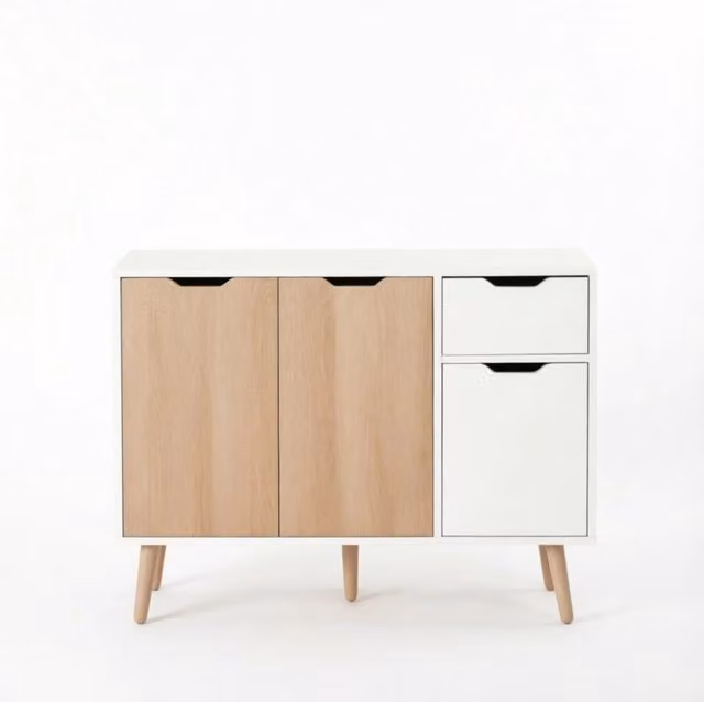 Sideboard bianco e quercia chiara in stile scandinavo con cassetto e ante, mobile contenitore 90x30x72 cm