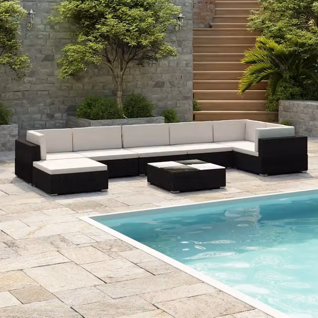Set Divani da Giardino 8 pz con Cuscini in Polyrattan Nero 41261