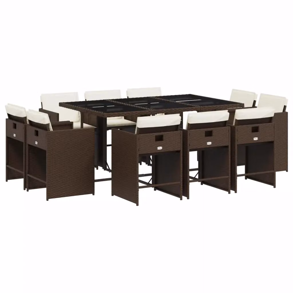 vidaXL Set da Pranzo da Giardino 11 pz in Polyrattan Marrone con Piano in Vetro e Cuscini – 2