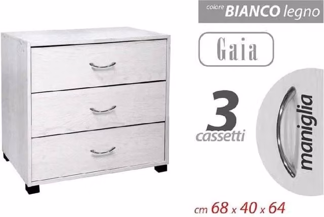 Trade Shop - Mobile Cassettiera Comodino Comò Gaia 3 Cassetti Bianco Legno 68x40x64cm 768675 -