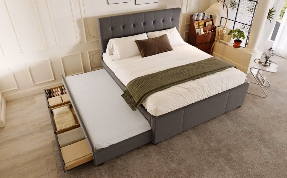 letto imbottito okwish 140x200cm letto matrimoniale, letto familiare con tre cassetti, letto allungabile, testata regolabile, grigio lino