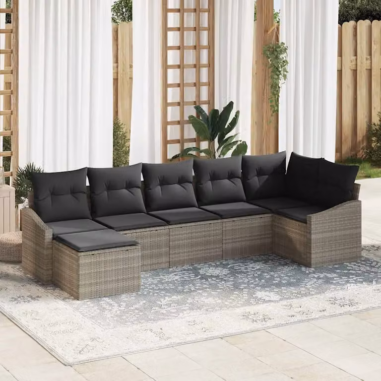 Set Divano da Giardino vidaXL a L con 7 Pezzi in Polyrattan Grigio con Cuscini e Ottoman
