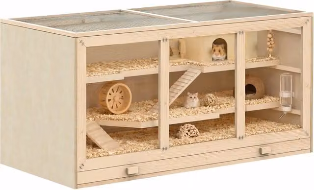 Gabbia per Criceti Minimal a 2 Piani con Tetto Apribile e Finestre, Effetto Legno Naturale, L: 115 cm, P: 57 cm, H: 55 cm