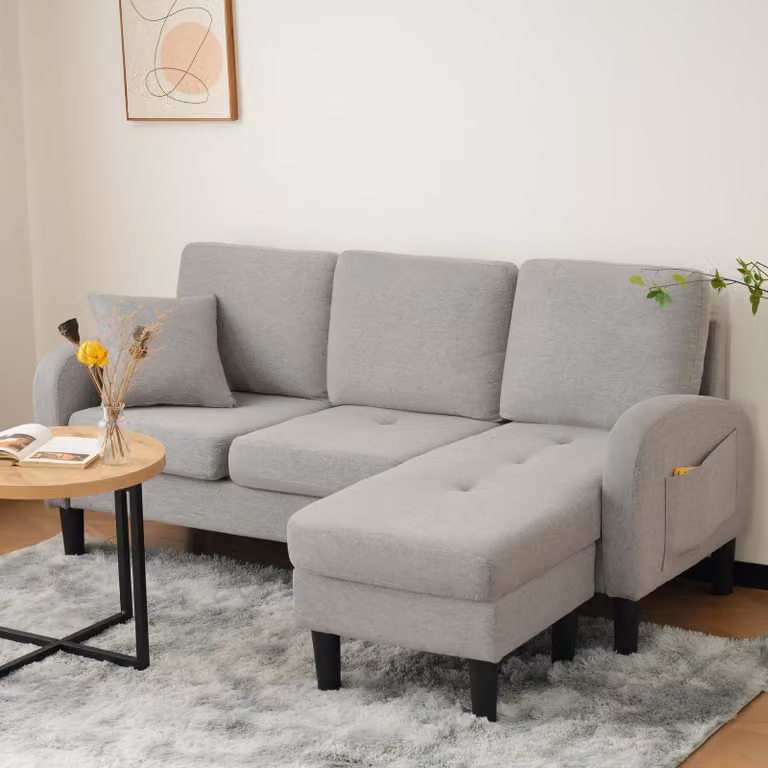 Divano angolare a forma di L Fortuna Lai con chaise longue – Divano a 3 posti, 166 x 118 x 77 cm, tessuto di cotone e lino traspirante, gambe in plastica, design modulare, ideale per soggiorni, appartamenti e uffici