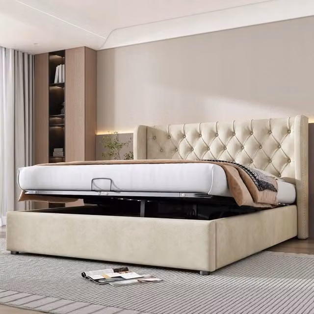 Letto imbottito 160x200 - Xylo - Beige velluto idraulico