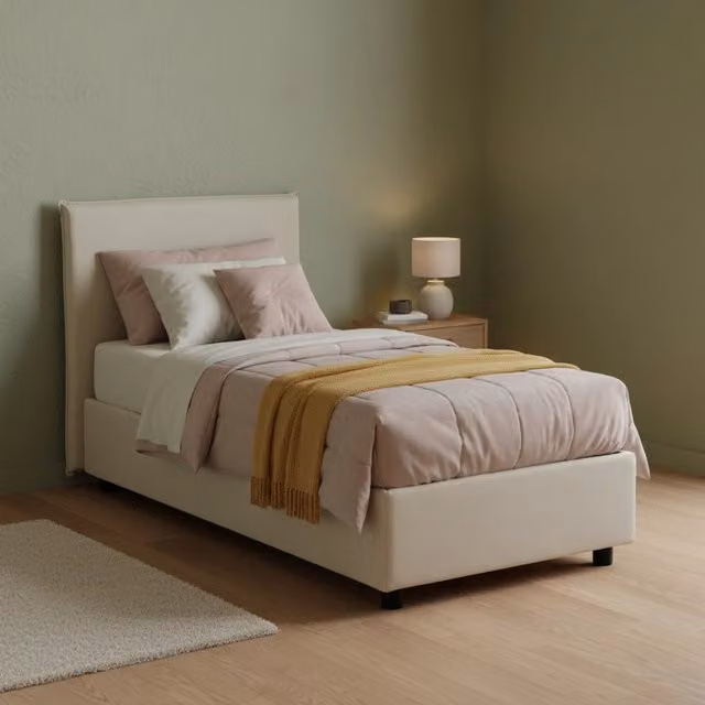 Letto singolo contenitore Argentino Talamo Italia con rivestimento in tessuto beige, adatto per materasso 80x190 cm