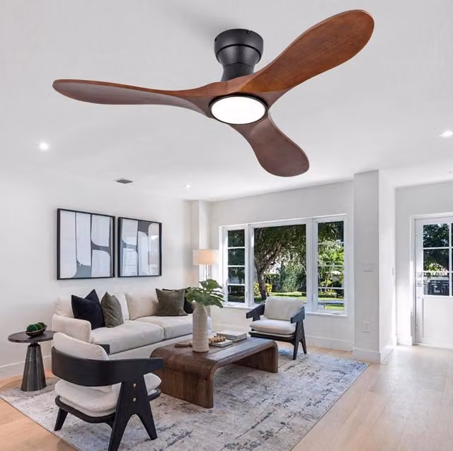 Ventilatore da soffitto con LED dimmerabile e telecomando, 3 pale in legno massello, colore nero e noce scuro, diametro 106,68 cm