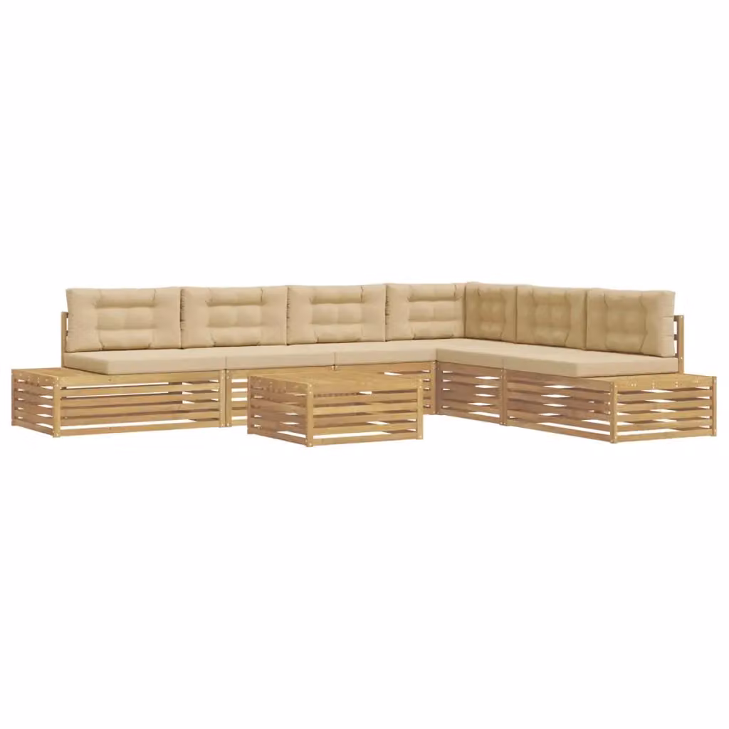 Set da giardino moderno vidaXL composto da divano a 2 posti, elemento angolare, tavolino da caffè e pouf in legno di acacia con cuscini in poliestere beige e bianco – 2