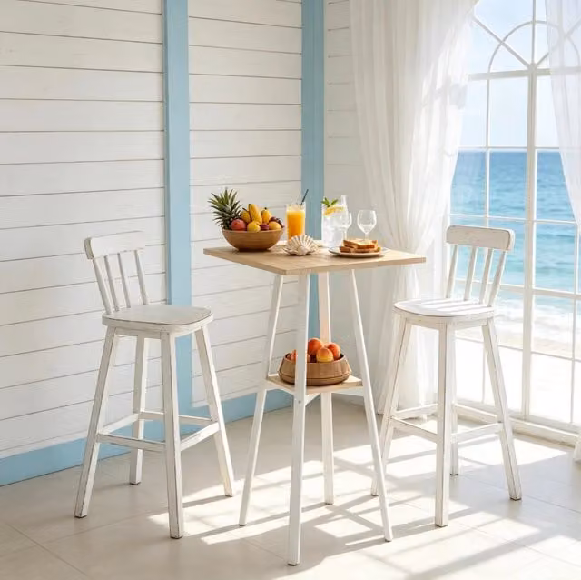 Tavolo bar quadrato 55x55x95 cm in legno naturale e metallo bianco con ripiano