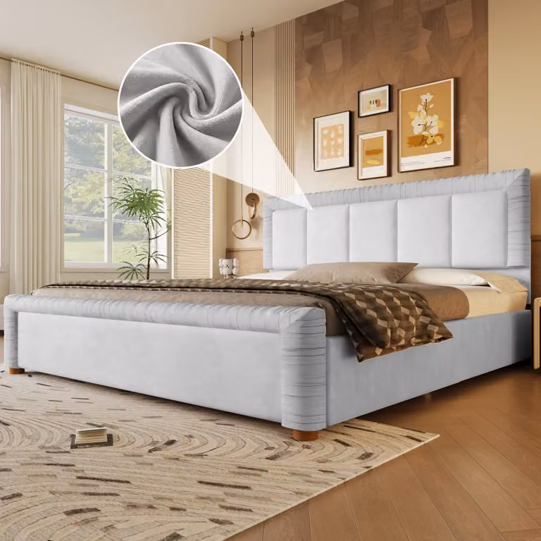 Letto imbottito 180 x 200 cm, rivestito in velluto, con 2 cassetti, testiera e pediera imbottite con motivo trapuntato, disposizione flessibile dei cassetti, colore grigio