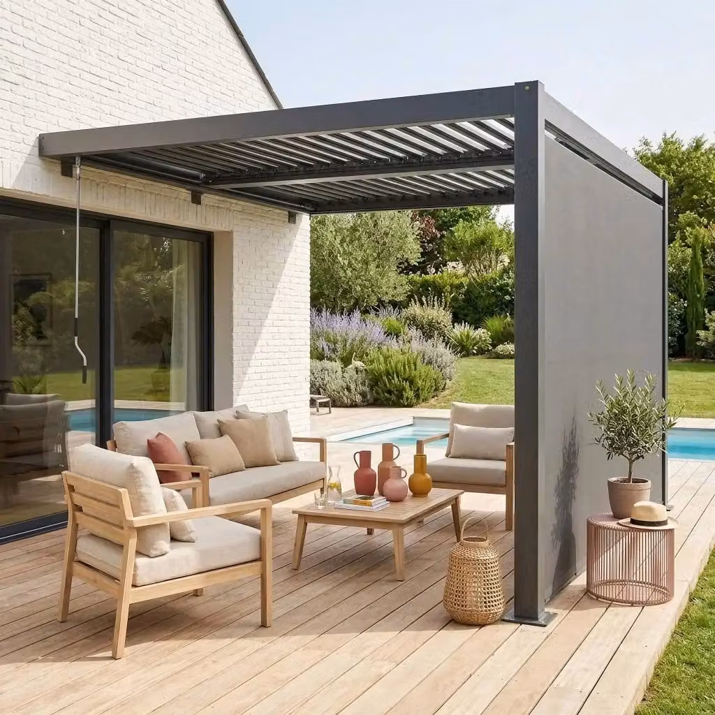 Pergola bioclimatica addossata SWEEEK in alluminio e acciaio colore antracite con tenda, L: 3 m, P: 3 m – 2