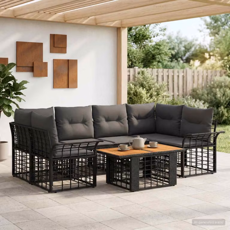 Set Divano da Giardino vidaXL 7 Pezzi a Forma di L in Polyrattan con Tavolino e Cuscini, Nero e Grigio