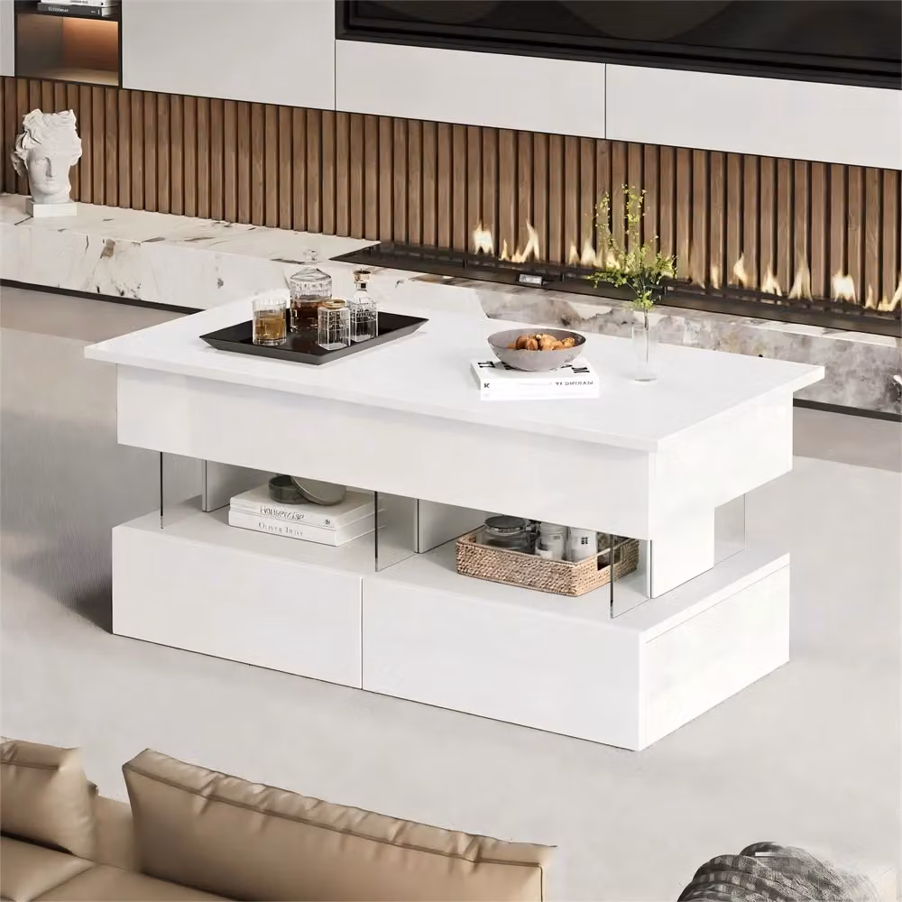 Tavolino da caffè MINIMAL bianco lucido con meccanismo sollevabile e cassetti L 100 x P 50 x H 46 cm – 2