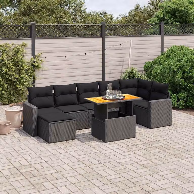vidaXL Set Divani da Giardino a L in Polyrattan Nero con Cuscini e Tavolino da Esterno 8 pz