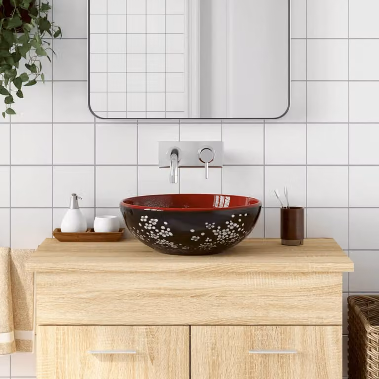Lavabo da appoggio rotondo vidaXL in ceramica nero e rosso, Diametro: 41 cm, Altezza: 14 cm