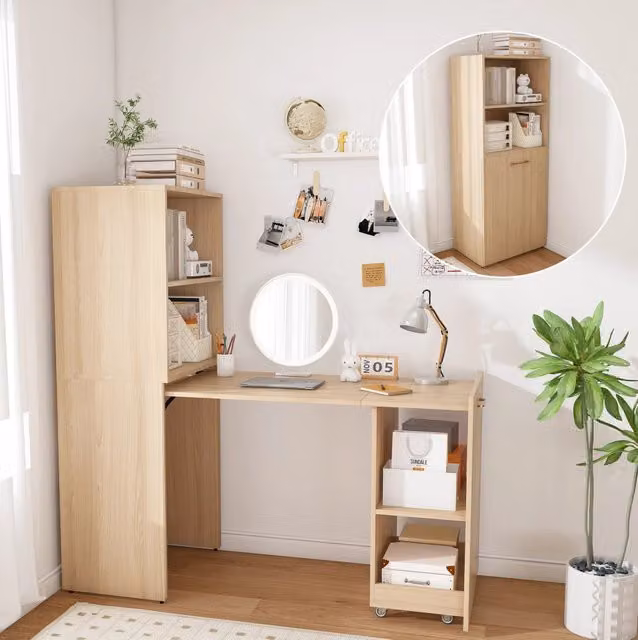 Scrivania estraibile naturale in MDF con armadio contenitore