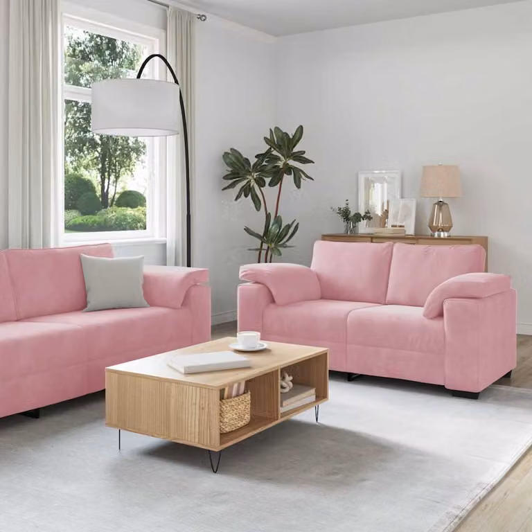 Set di divani vidaXL in velluto rosa composto da un divano a 3 posti e un divano a 2 posti con cuscini coordinati e braccioli per il tuo soggiorno